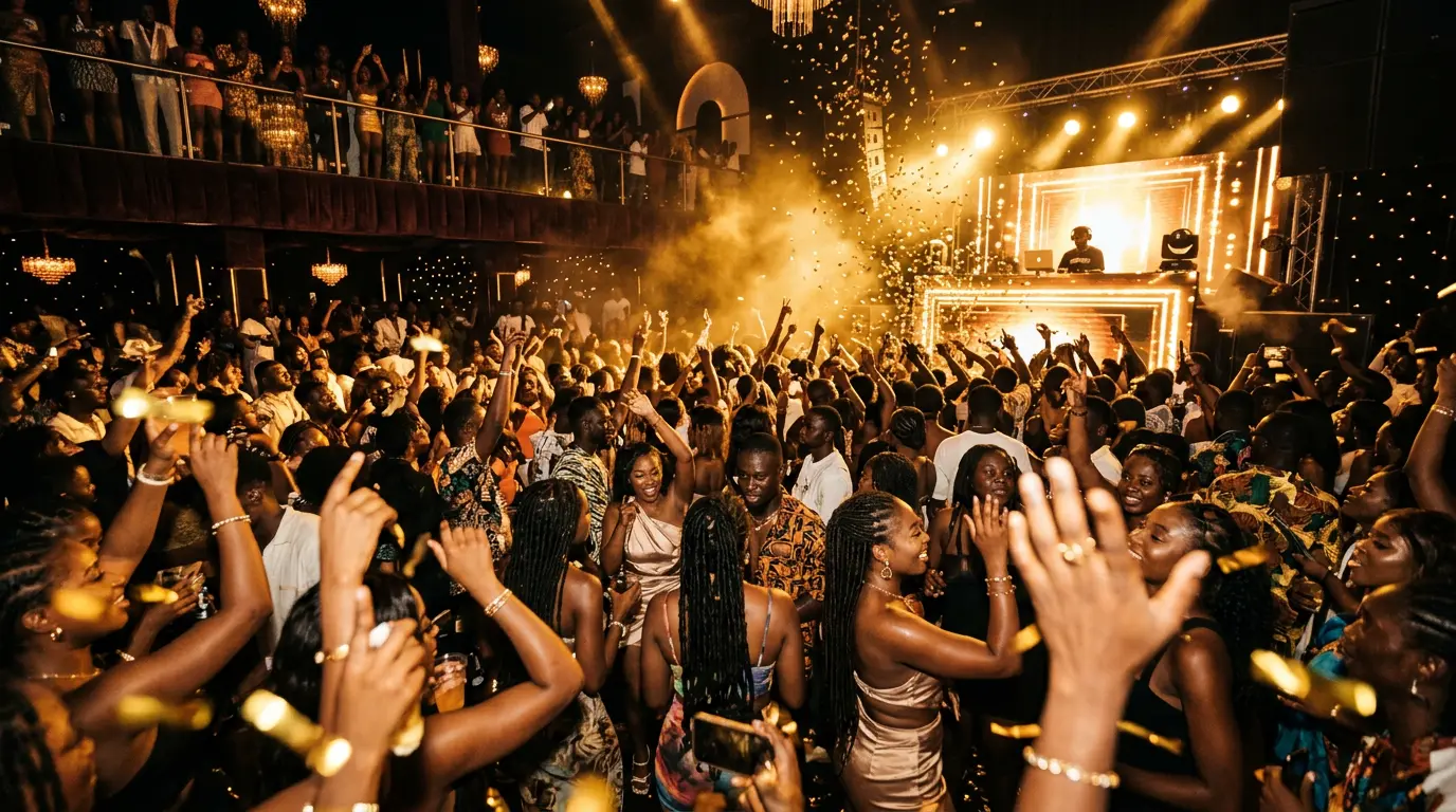 A packed Accra dance floor under gold stage lights